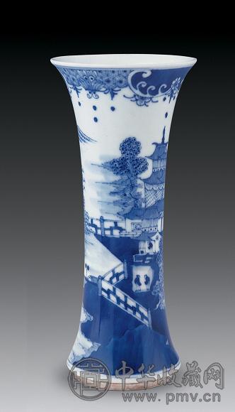 清 青花山水人物觚