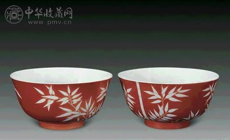清光绪 珊瑚红留白竹纹碗(2件)