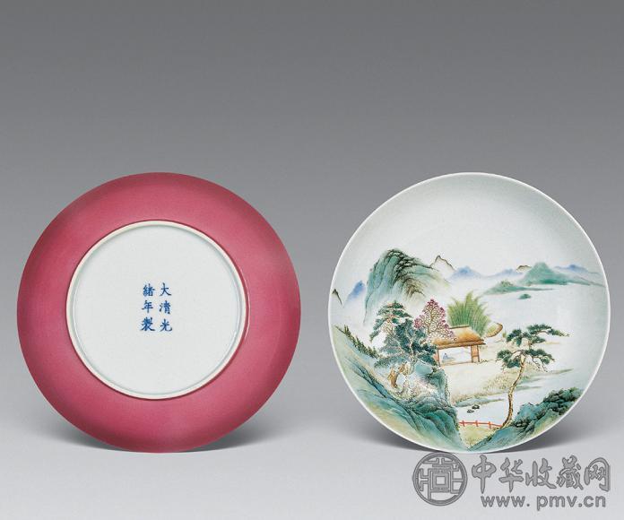 清光绪 外胭脂红内粉彩山水盘(1对)