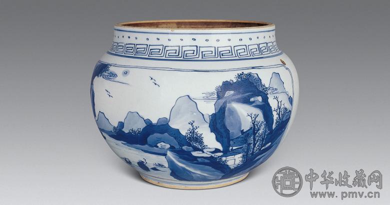 清康熙 青花山水粥罐
