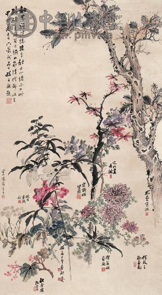 钱松嵒 等 甲申(1944年)作 花卉 中堂 设色纸本