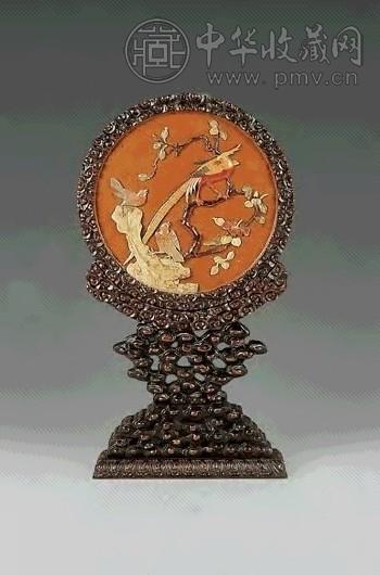 民国 红木嵌石花鸟插屏