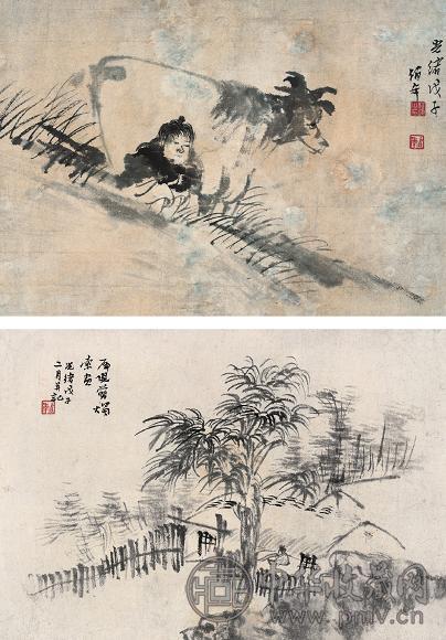 任伯年 1888年作 牧牛图并茅斋夜读图(2件) 立轴 设色纸本