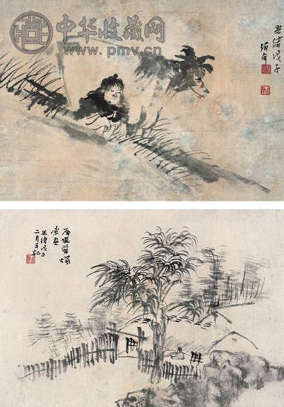 任伯年 1888年作 牧牛图并茅斋夜读图(2件) 立轴 设色纸本