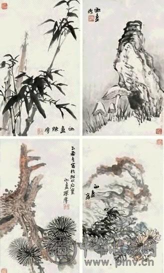 陈摩 1945年作 园圃课植 一堂四幅 设色纸本