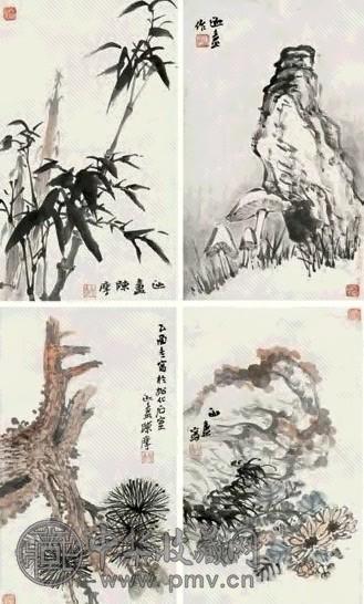 陈摩 1945年作 园圃课植 一堂四幅 设色纸本