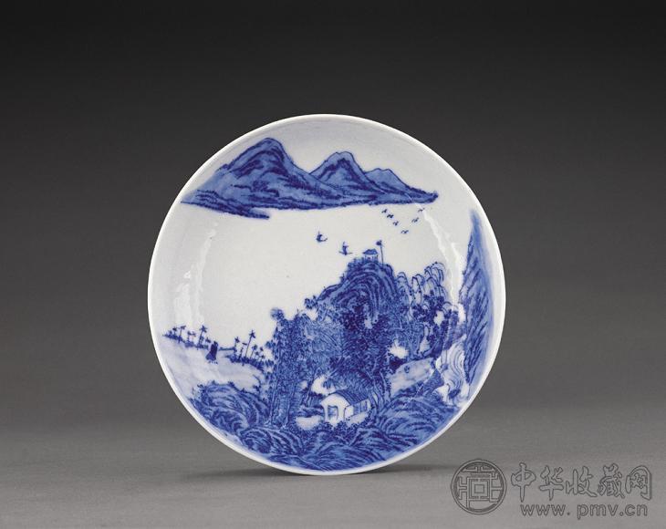 清光绪 青花山水人物图盘