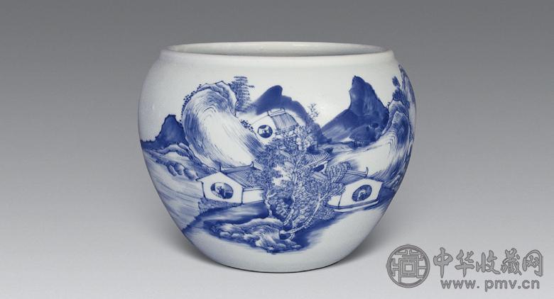 清康熙 青花山水小缸