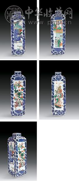 清代 雍正 青花五彩粉彩人物方瓶