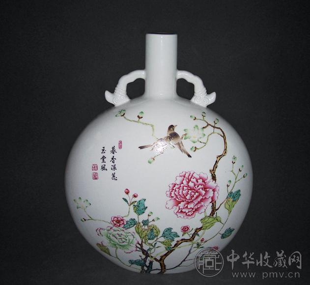 清末民国 粉彩花鸟诗文宝月瓶