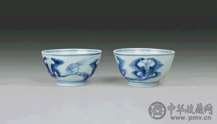清康熙 青花锦鸡玉兰小碗(1对)