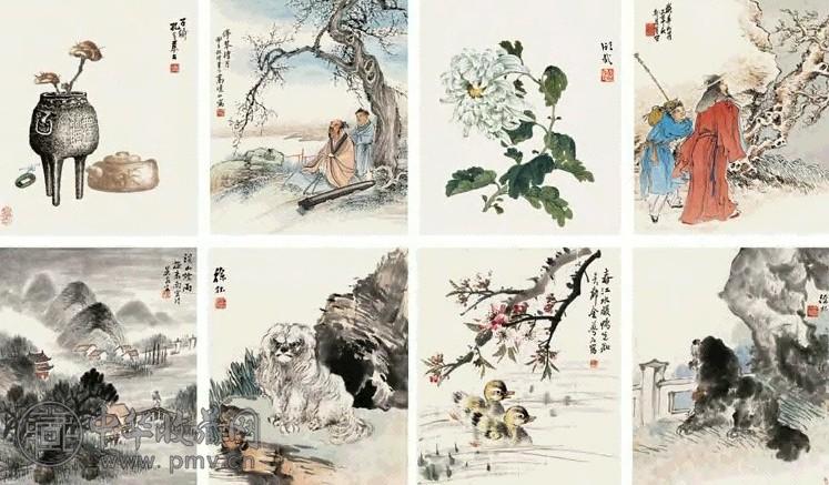 孔宣 高晓山 严仲子 吴泉榖等 约1924-1925年作 花卉人物山水 四屏 设色纸本