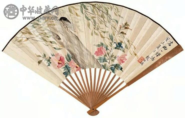 赵叔孺 高柳蝉鸣图并行书 成扇 设色纸本