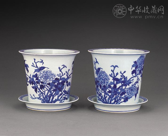 清光绪 青花牡丹纹花盆(1对)