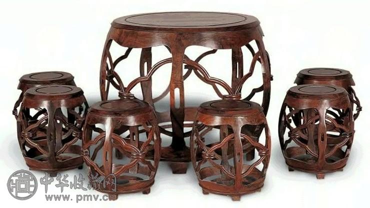 红木开光圆桌、凳(1套7件)