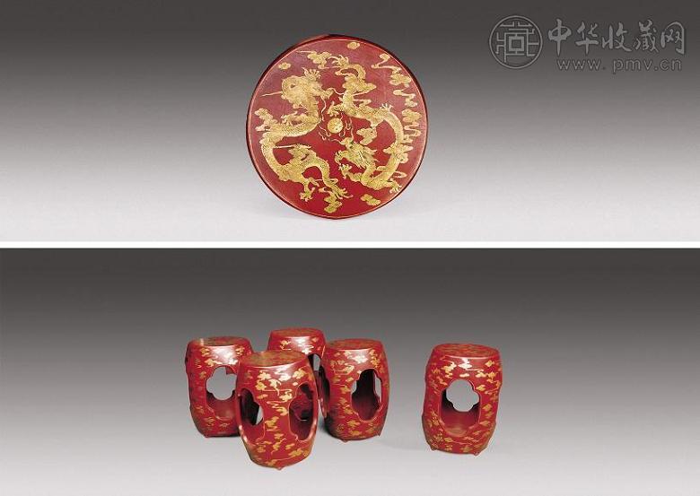 清 朱漆描金龙纹绣墩(5件)