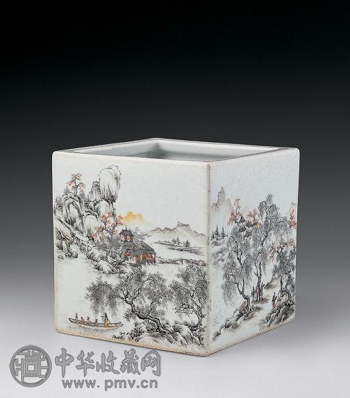 清 墨彩山水笔筒