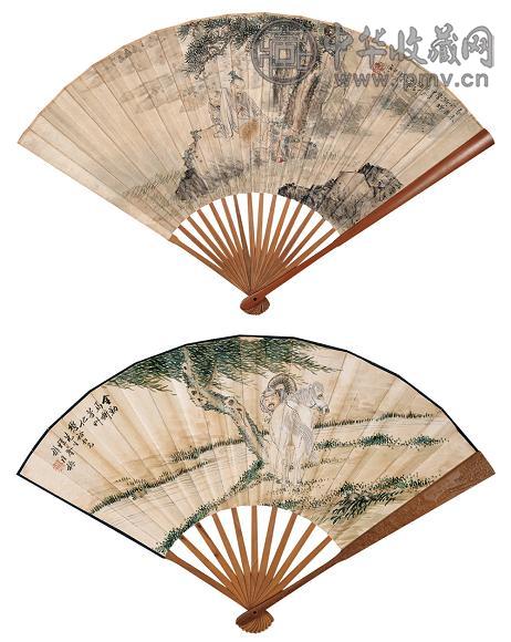 谢翔 祥振 六月听蝉 金勒马嘶(2件) 成扇 设色纸本