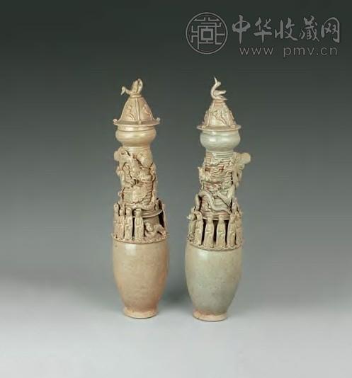 宋 影青龙虎人物皈依瓶(1对)