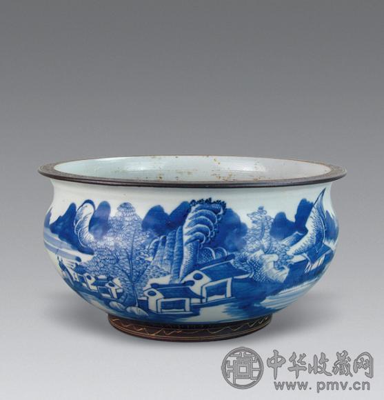 清 青花山水人物纹炉 清 青花山水人物纹炉