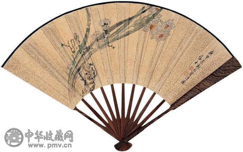 赵蕴玉 书画合璧 成扇 设色泥金