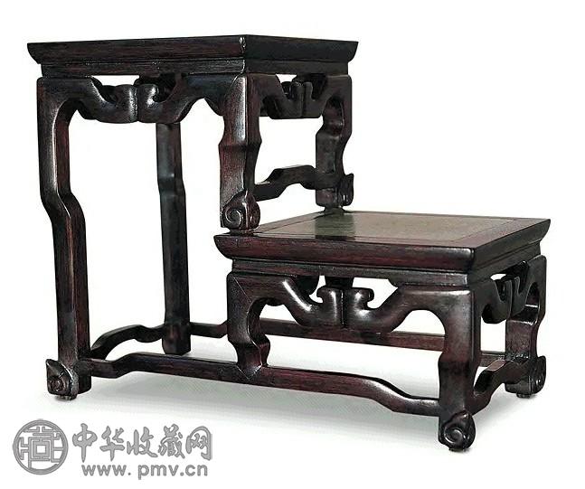 清 红木镶理石高低花几 清 红木镶理石高低花几