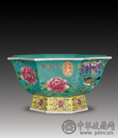 清光绪 松石绿地粉彩花鸟水仙盆