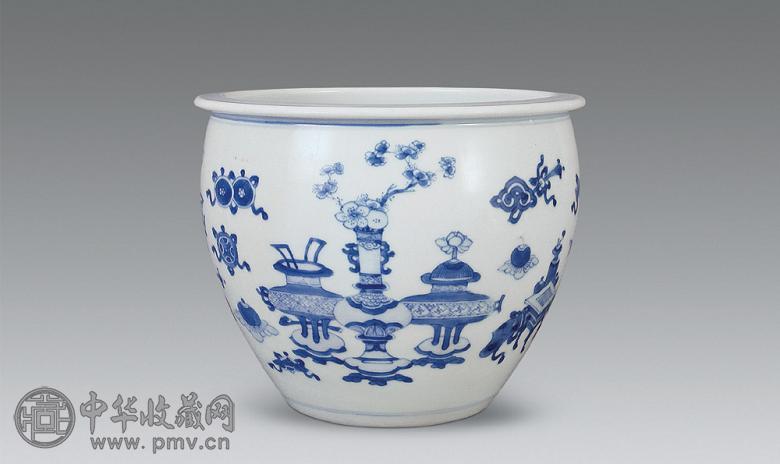 清康熙 青花博古纹案头画缸