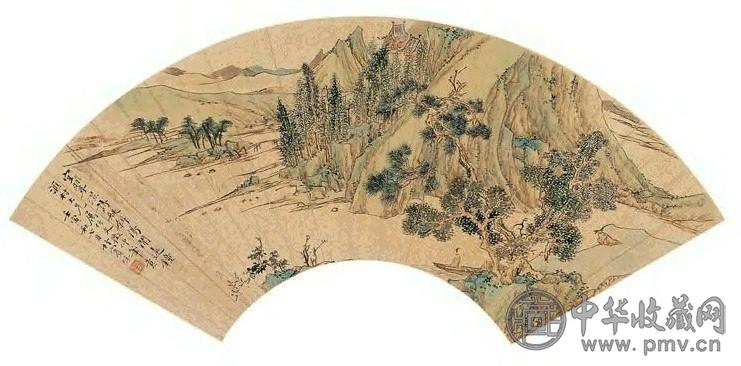 沈焯 壬寅(1902年)作 山水 扇面 设色金笺