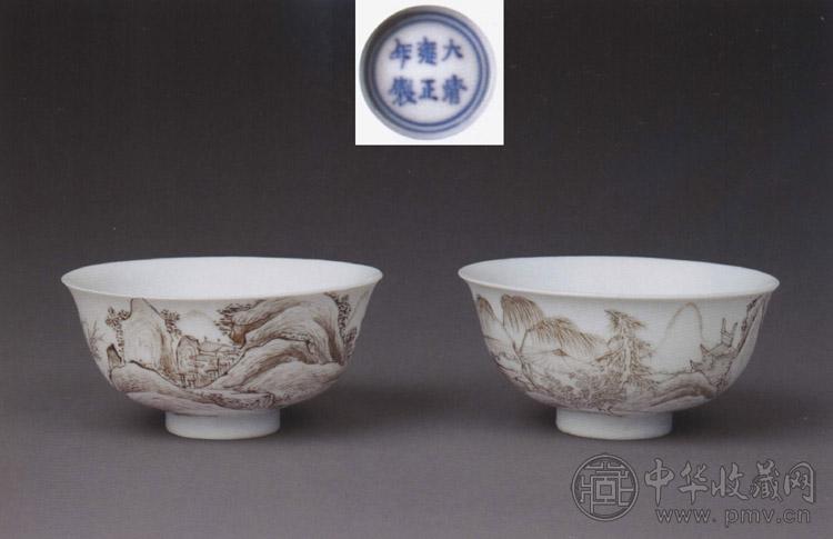 清雍正 墨彩山水图碗(1对)