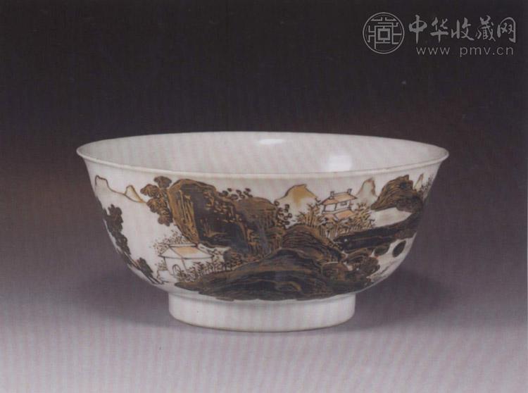 清雍正 墨彩描金山水碗