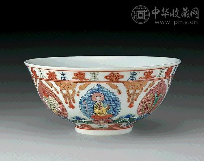 清同治 粉彩开光佛像纹碗