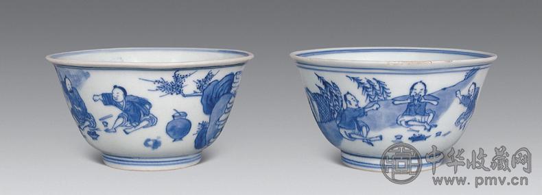 清康熙 青花渔乐碗(1对)