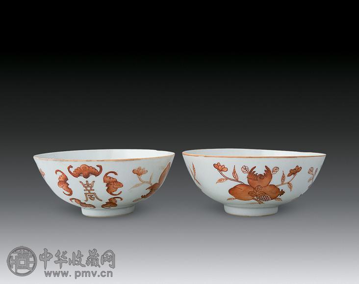 矾红彩福寿碗(1对)