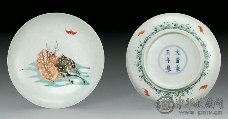 清雍正 五彩蝠鹿纹碟(1对)