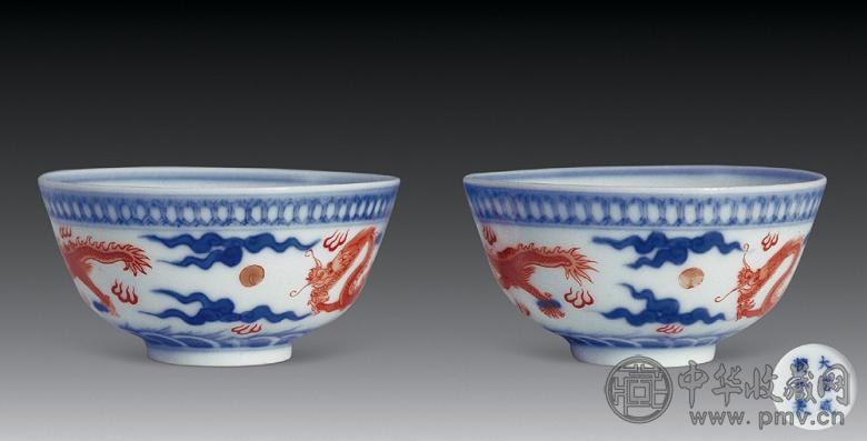 清咸丰 青花矾红小碗(2只)