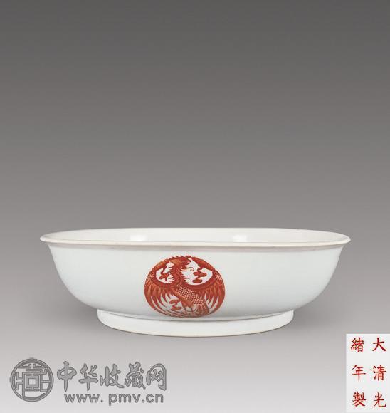 清光绪 团凤纹红彩大碗