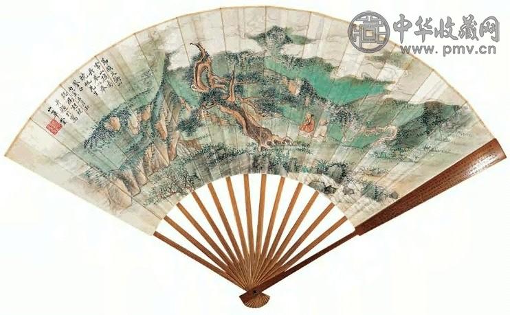 1926年 冯超然 松溪双隐图并楷书庾子山文四首 成扇 设色纸本