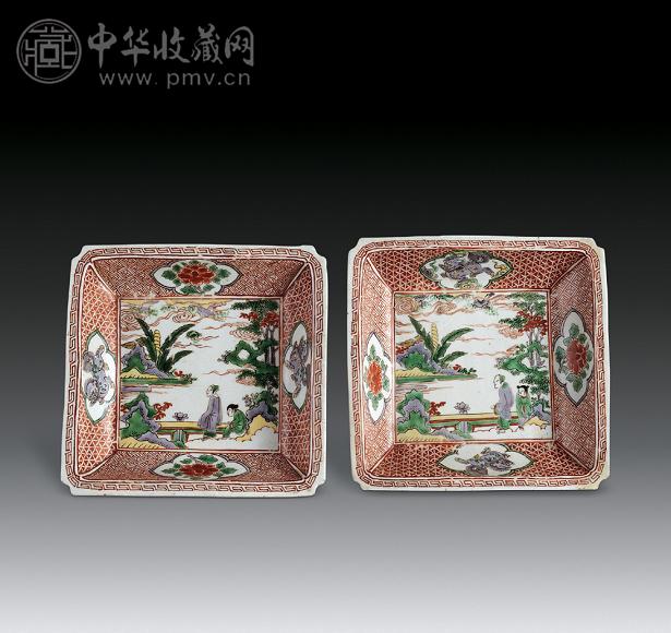 明天启 五彩倭角人物故事方盆(1对)