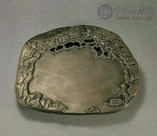 清 端石山水椭形砚 漆嵌玉盒