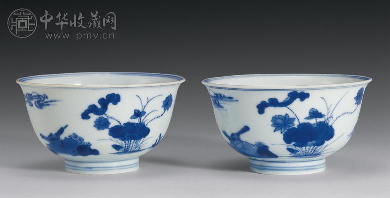 清康熙 青花荷花鹭鸶小碗(2只)