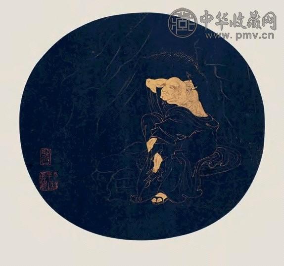 罗汉 扇面 磁青纸描金