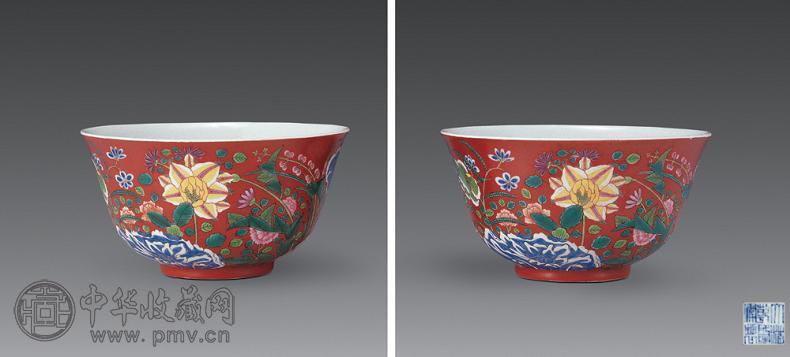 清乾隆 矾红地珐琅彩花卉碗(2件)