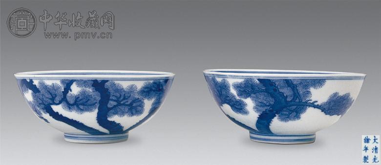 清光绪 青花松树图碗(1对)