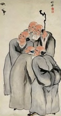 竹禅 清 五老福寿图 轴