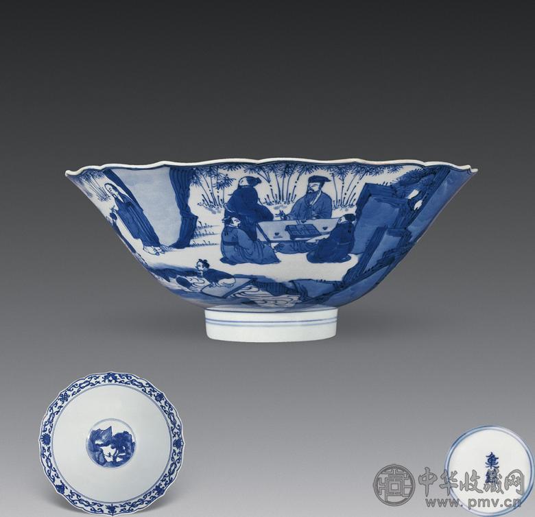 清康熙 青花山水人物花口碗