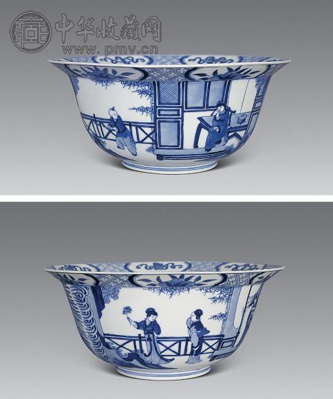 清康熙 青花西厢记折沿大碗