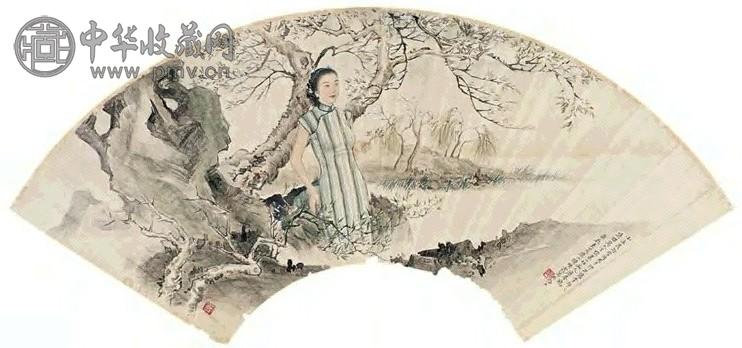陈映霞 1940年作 人物 扇面 设色纸本