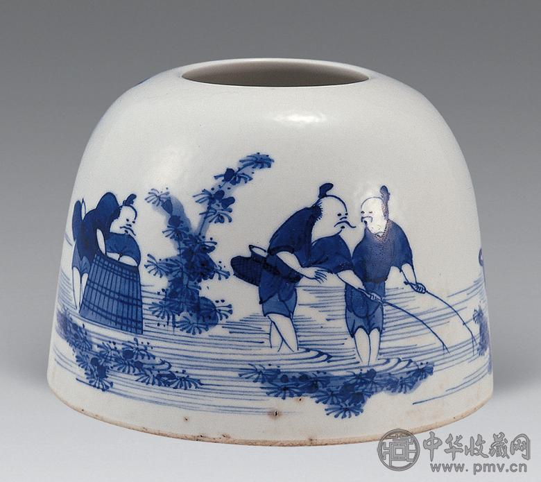 清 青花渔乐图马蹄形水盂