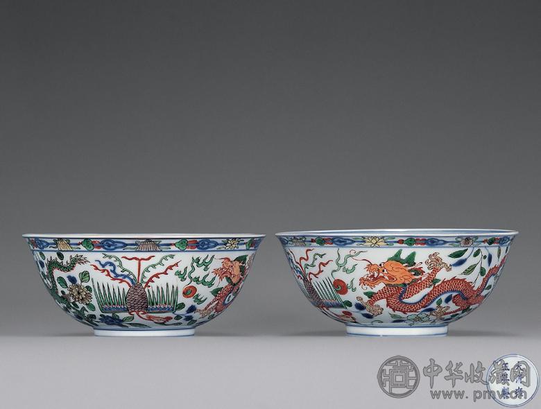 清雍正 五彩龙凤纹碗(1对)